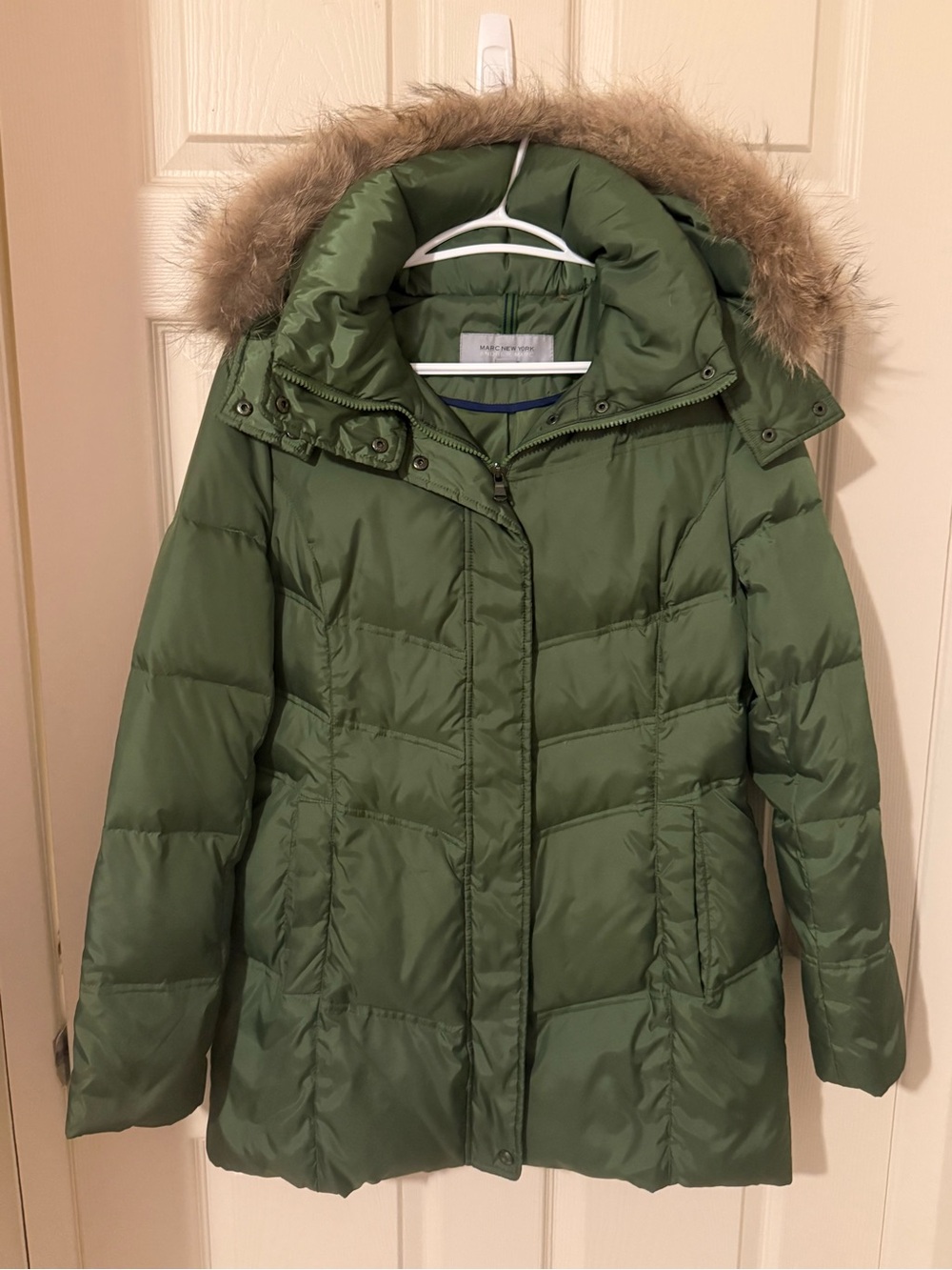 ANDREW MARC Hooded Olive Puffer Coat with coyote fur trim